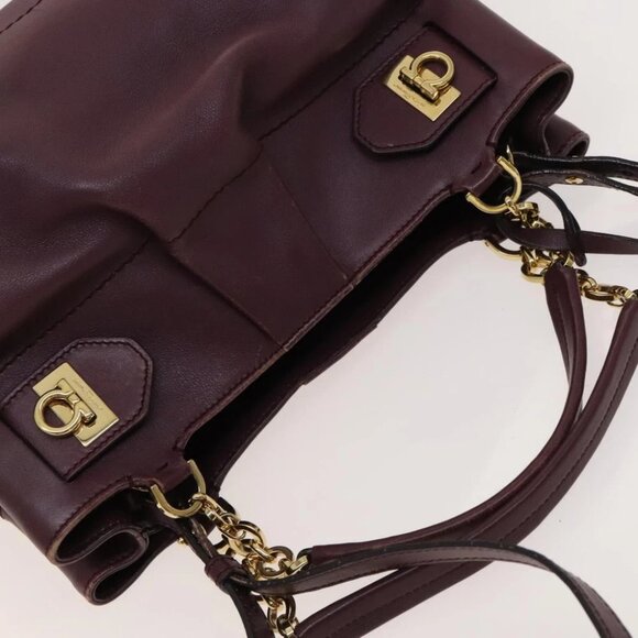 Salvatore Ferragamo Gancini Chain Hand Bag Leather 2way Purple Gold Auth BA1705 - Picture 8 of 15